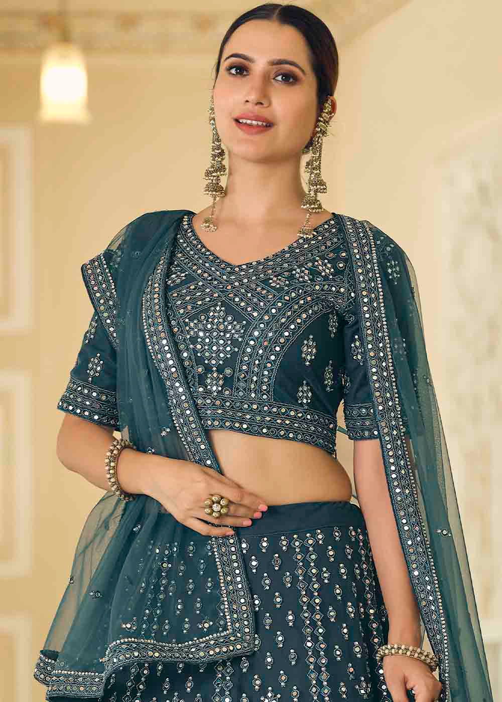 Rama Blue Soft Net Lehenga Choli with Dori & Mirror work