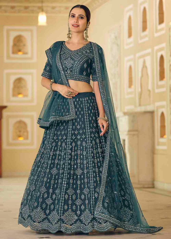 Rama Blue Soft Net Lehenga Choli with Dori & Mirror work