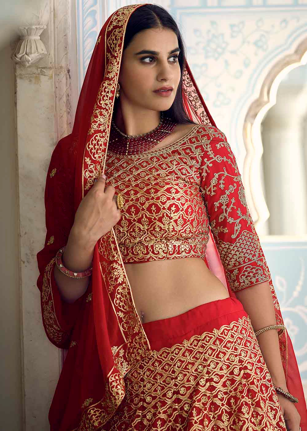 Crimson Red Georgette Lehenga Choli with Zari work