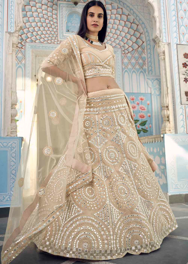 Bisque Brown Organza Lehenga Choli with Foil,Thread & Mirror work