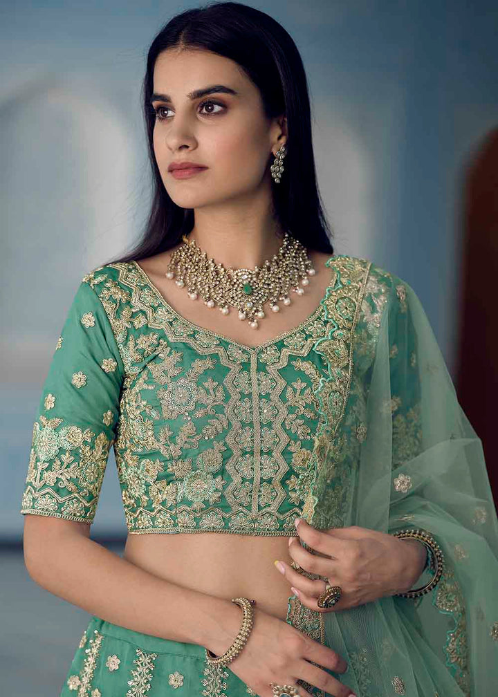 Turquoise Green Organza Lehenga Choli with Dori,Zari, Zarkan & Sequins work