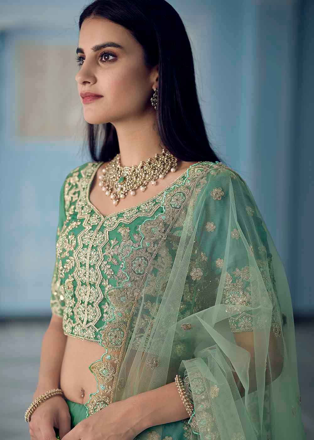 Turquoise Green Organza Lehenga Choli with Dori,Zari, Zarkan & Sequins work