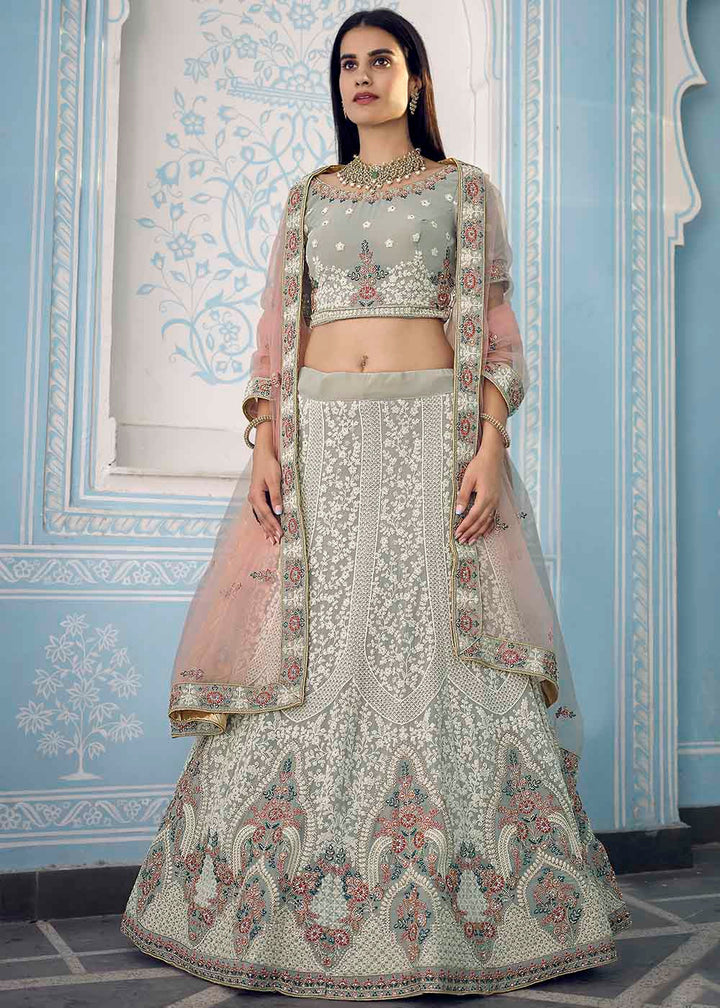 Pewter Grey Georgette Lehenga Choli with Zari,Thread & Zarkan work