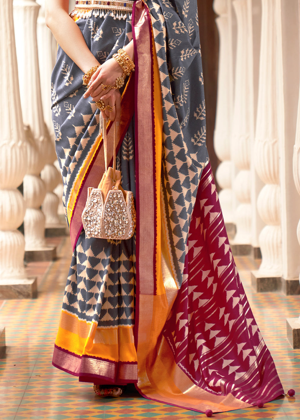 Grey & Pink Printed Patola Silk Saree