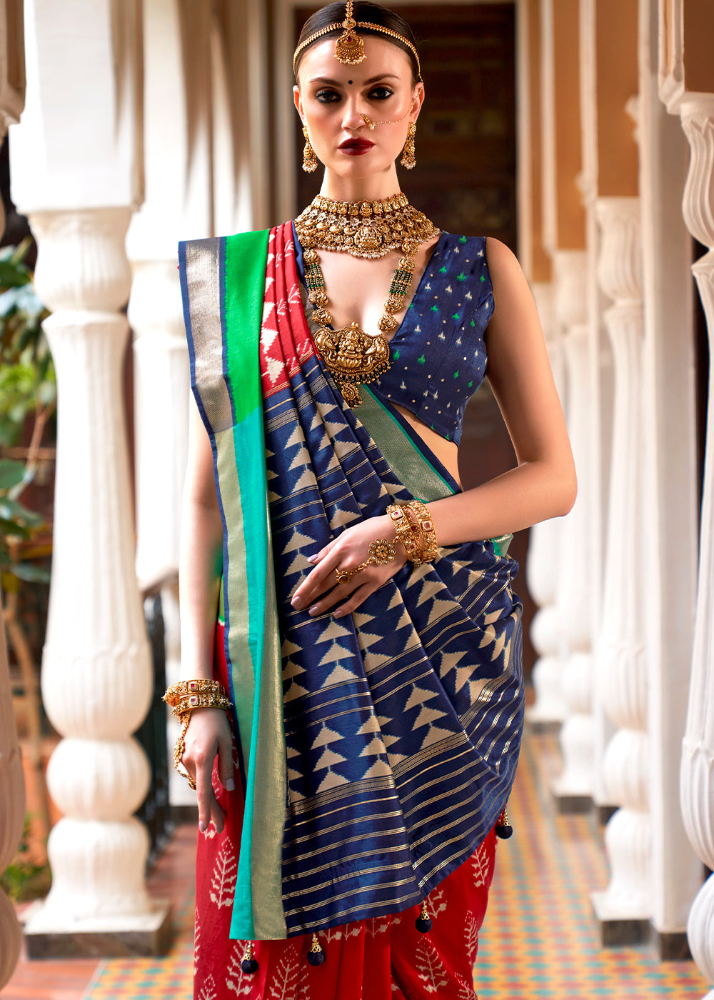 Blue & Red Printed Patola Silk Saree