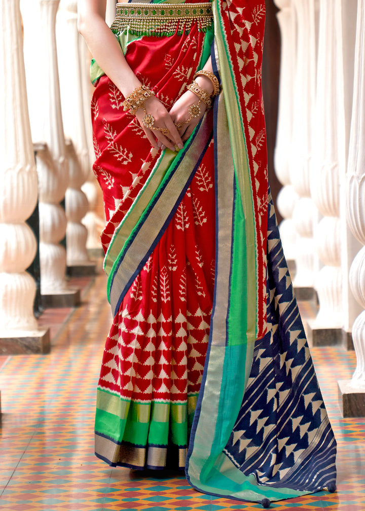 Blue & Red Printed Patola Silk Saree