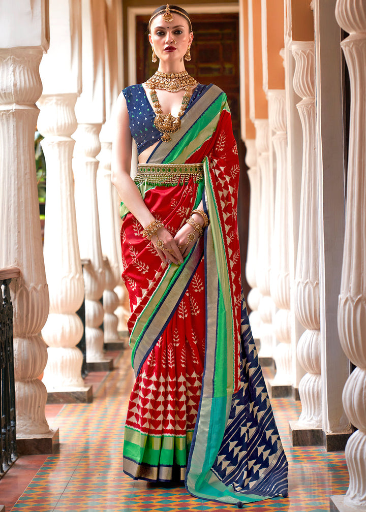 Blue & Red Printed Patola Silk Saree