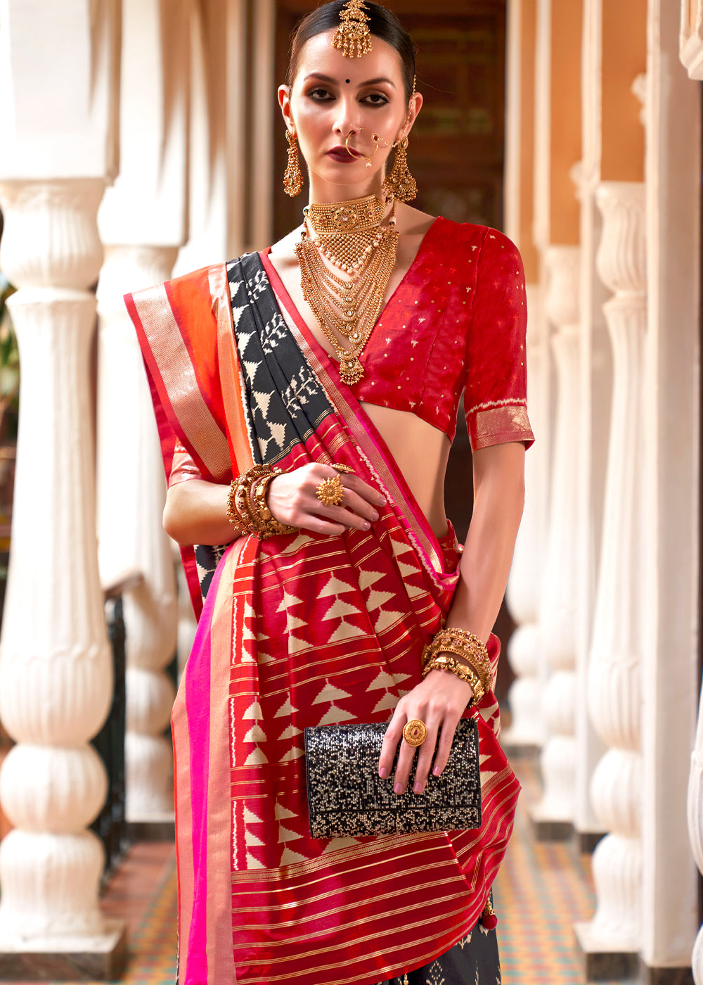 Black & Red Printed Patola Silk Saree