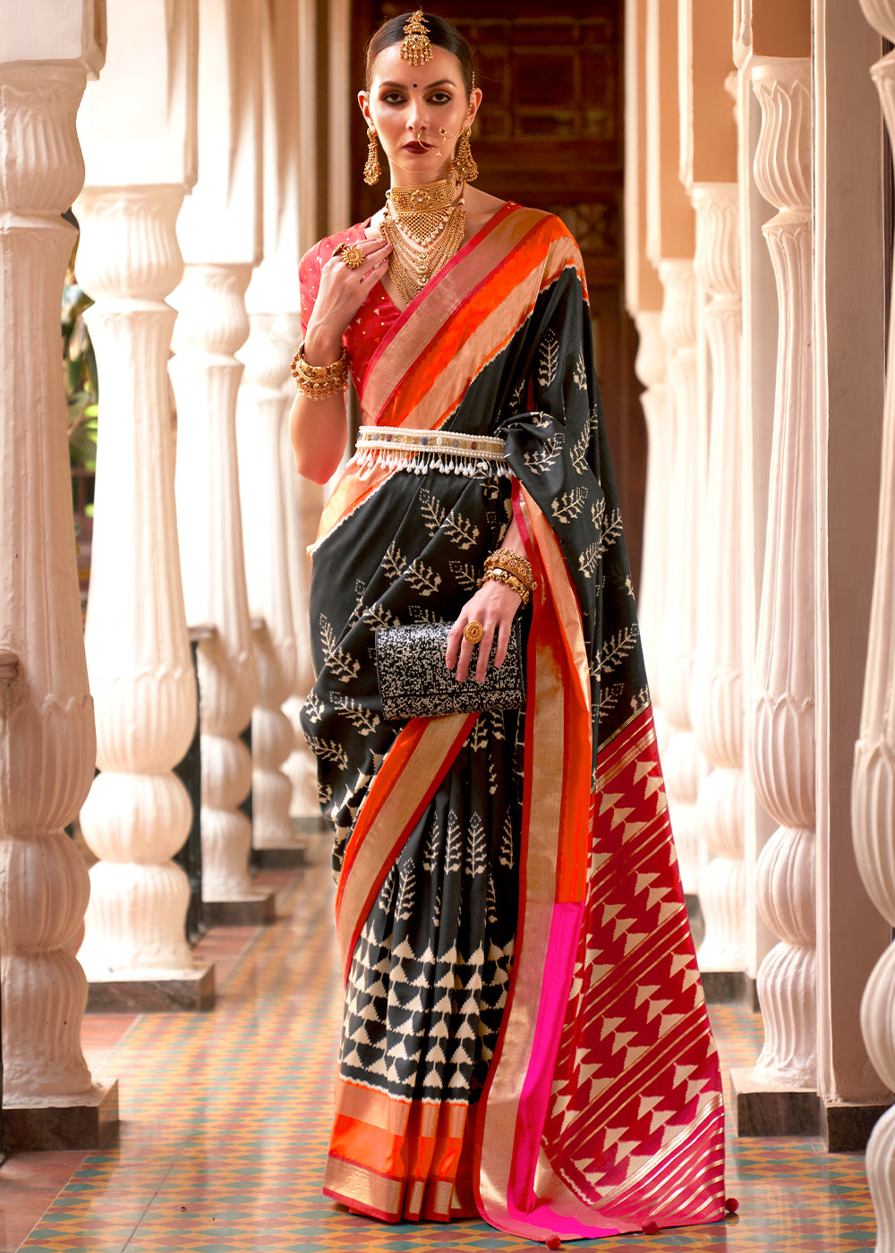 Black & Red Printed Patola Silk Saree