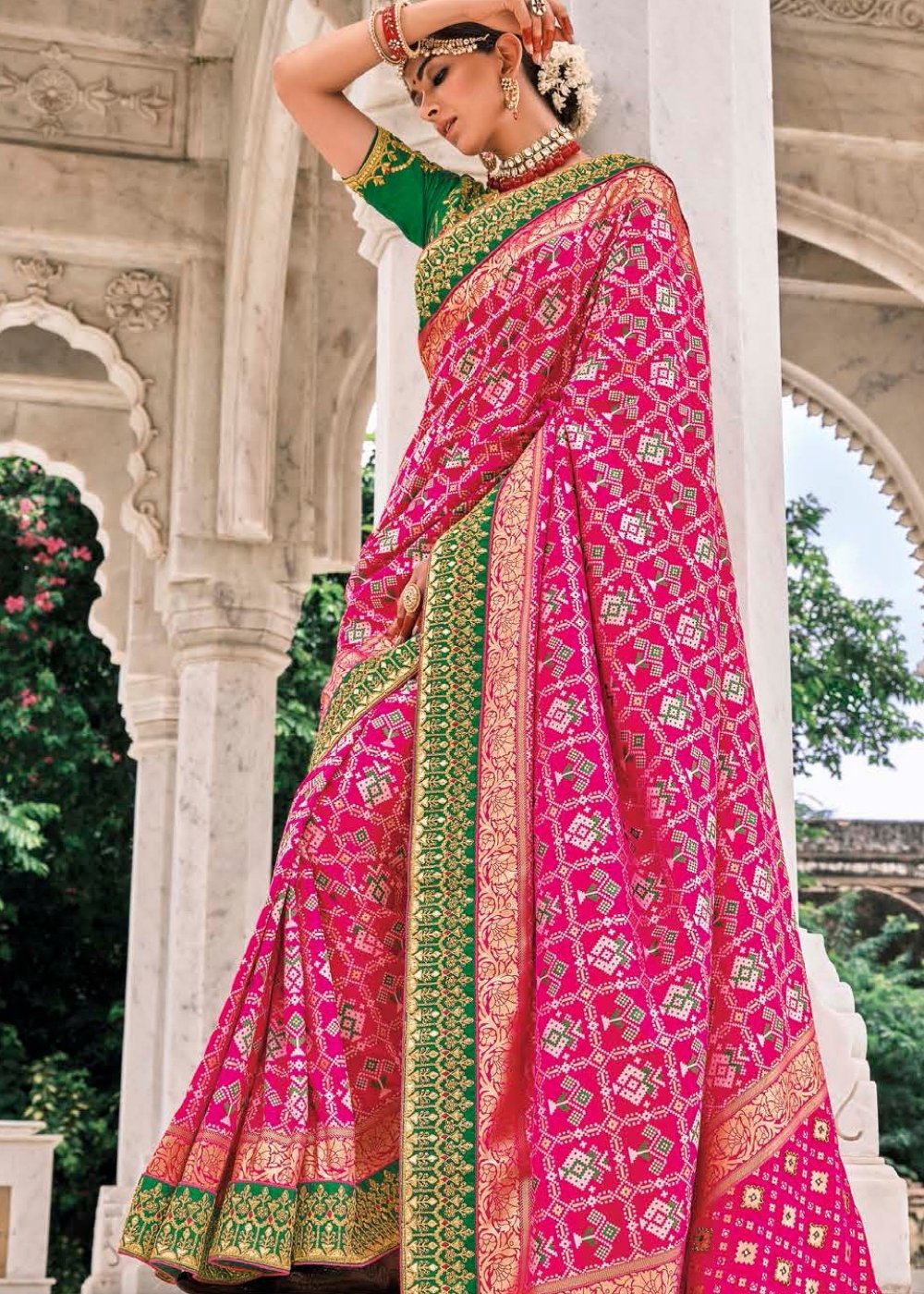 Fuscia Pink Patan Patola Silk Saree with Embroidered Blouse: Top Pick