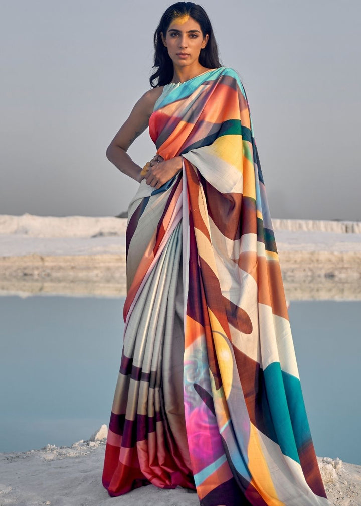 Multicolor Digital Printed Crepe Silk Saree