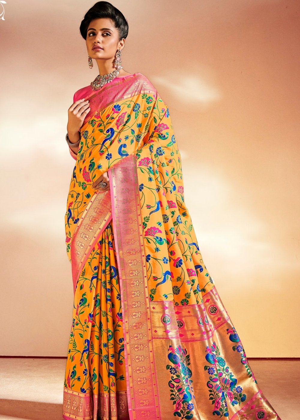 Saffron Yellow Woven Banarasi Paithani Silk Saree