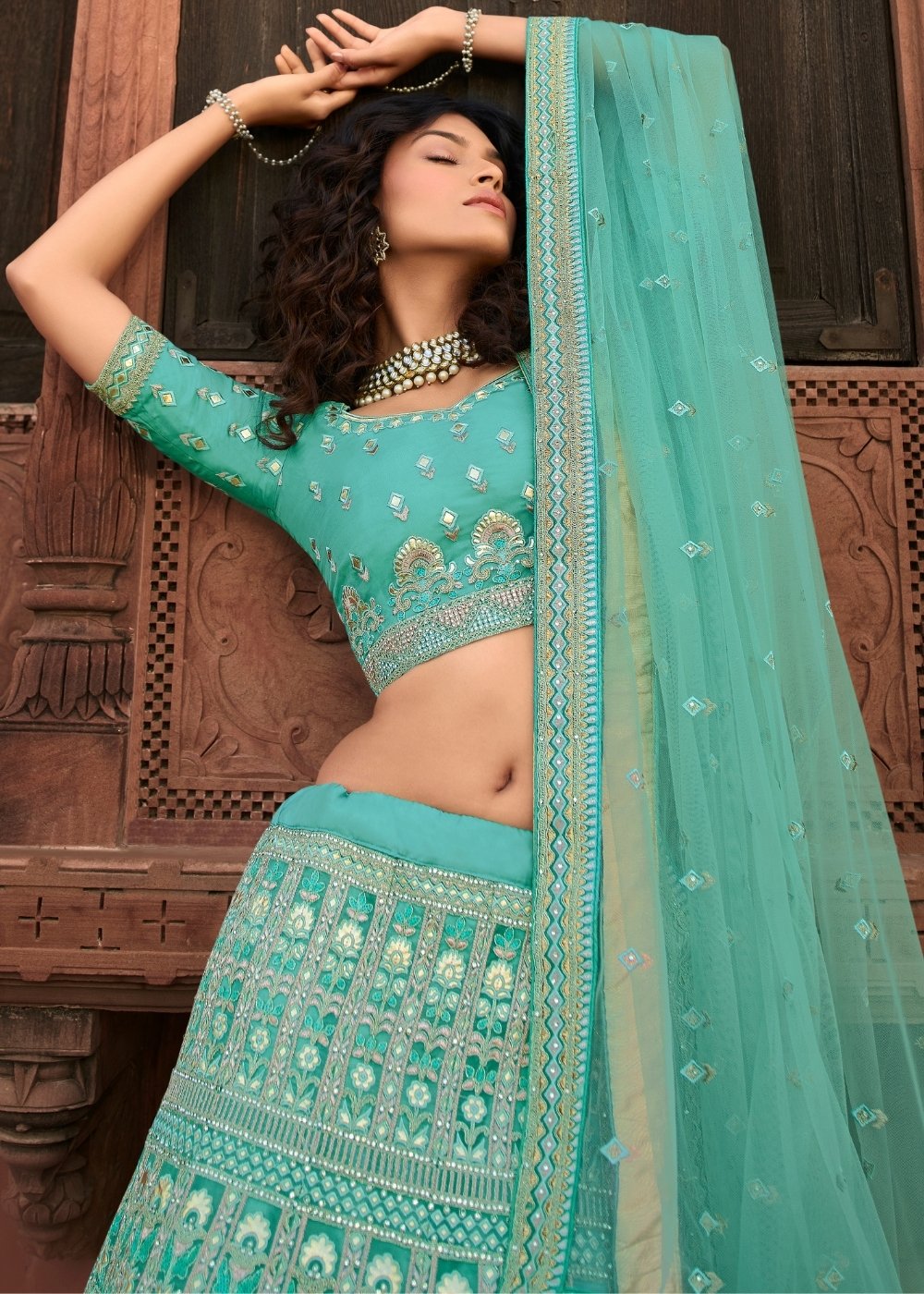 Light Turquoise Blue Organza Lehenga Choli with Zari, Dori, Resham,Gota & Zarkan work