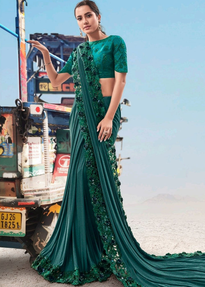 Turquoise Green Georgette Saree with Jari Thread and Diamond work