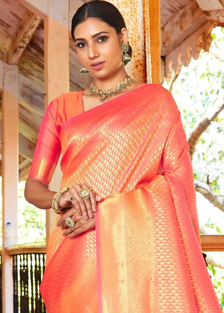 Coral Orange Zari Woven Kanjivaram Silk Saree