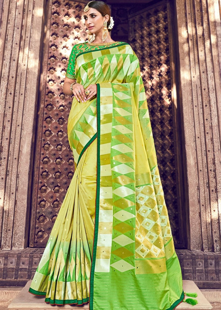 Lime Green Banarasi Silk Saree with Embroidered Silk Blouse