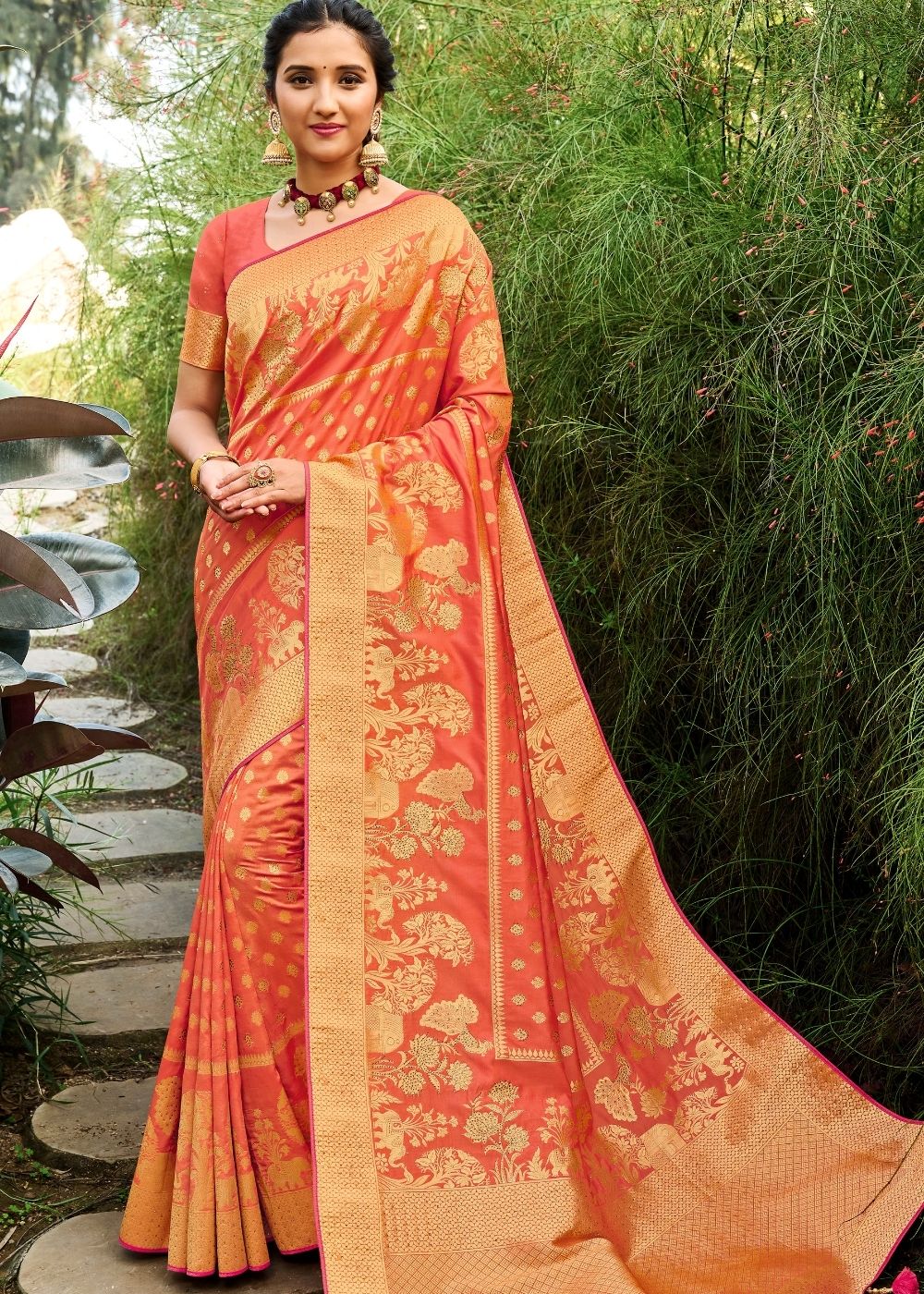 Coral Orange Zari Woven Banarasi Silk Saree