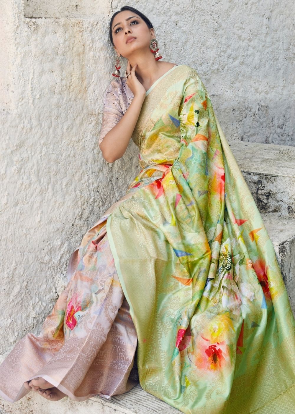 Lime Green Digital Printed Satin Silk Saree