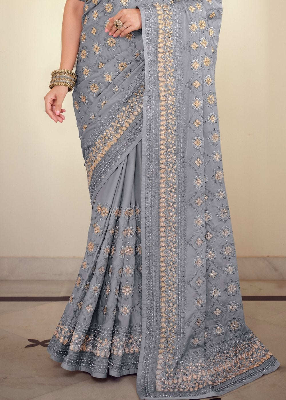 Flint Grey Designer Satin Georgette Saree with Gota & Resham work