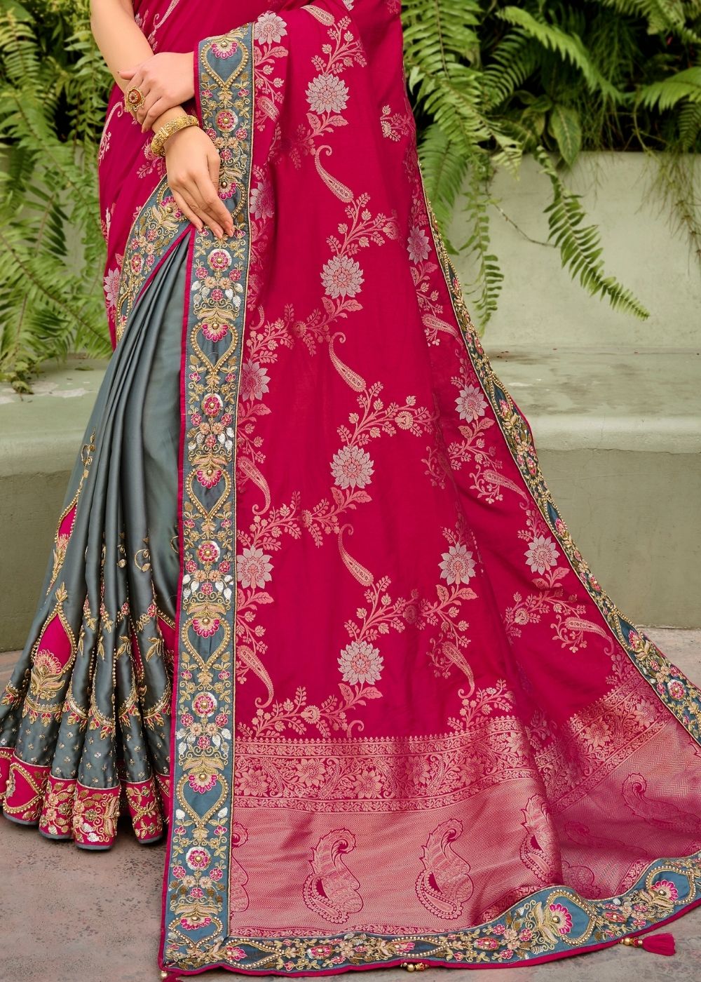 Pink and Grey Half N Half Silk Saree with Embroidered work