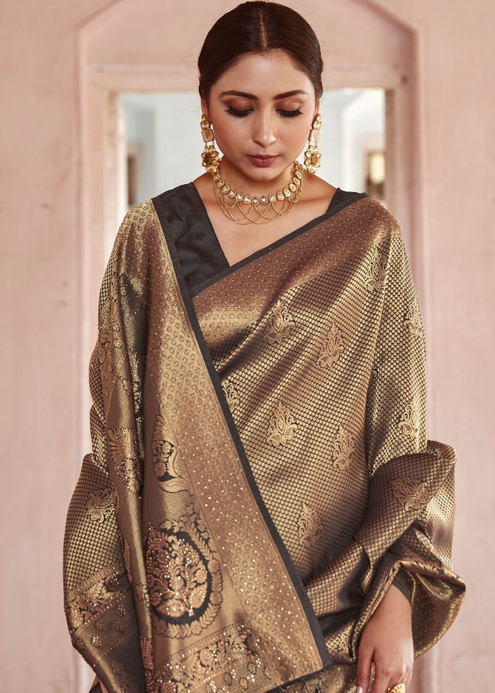 Cedar Brown Handloom Weave Kanjivaram Silk Saree with Swaroski work