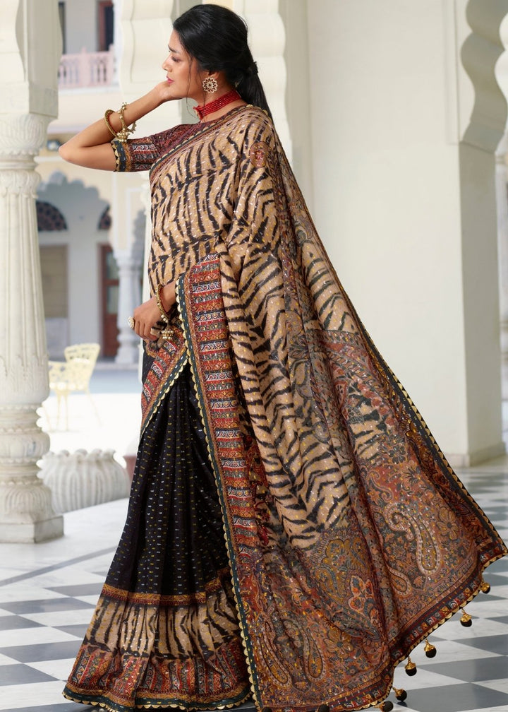 Brown & Black Digital Print Silk Saree