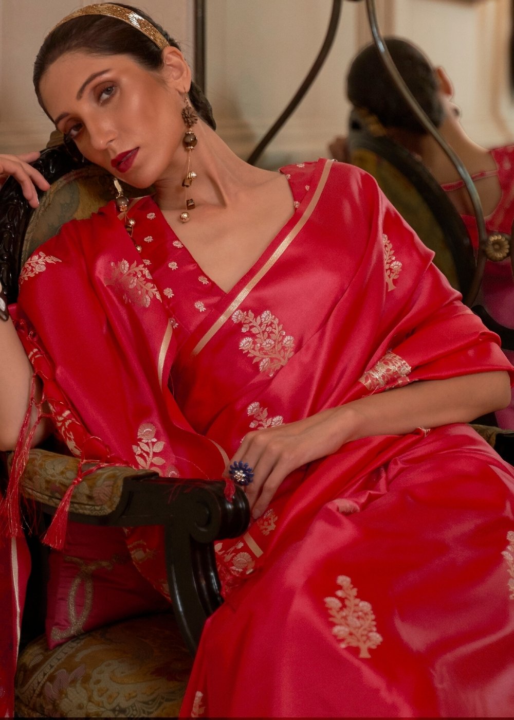 Radical Red Designer Satin Silk Saree