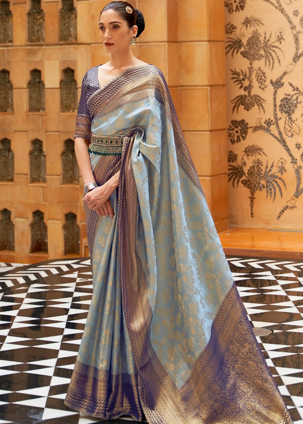 Coral Blue Zari Woven Kanjivaram Silk Saree: Top Pick