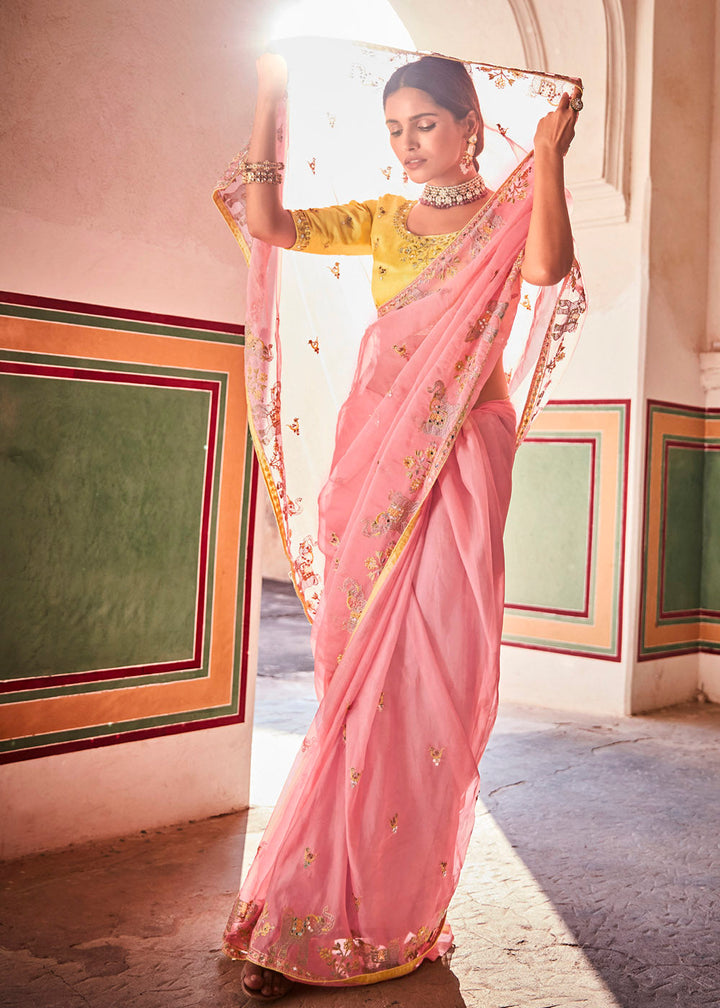 Rose Pink Organza Saree with Zari, Mirror & Thread work