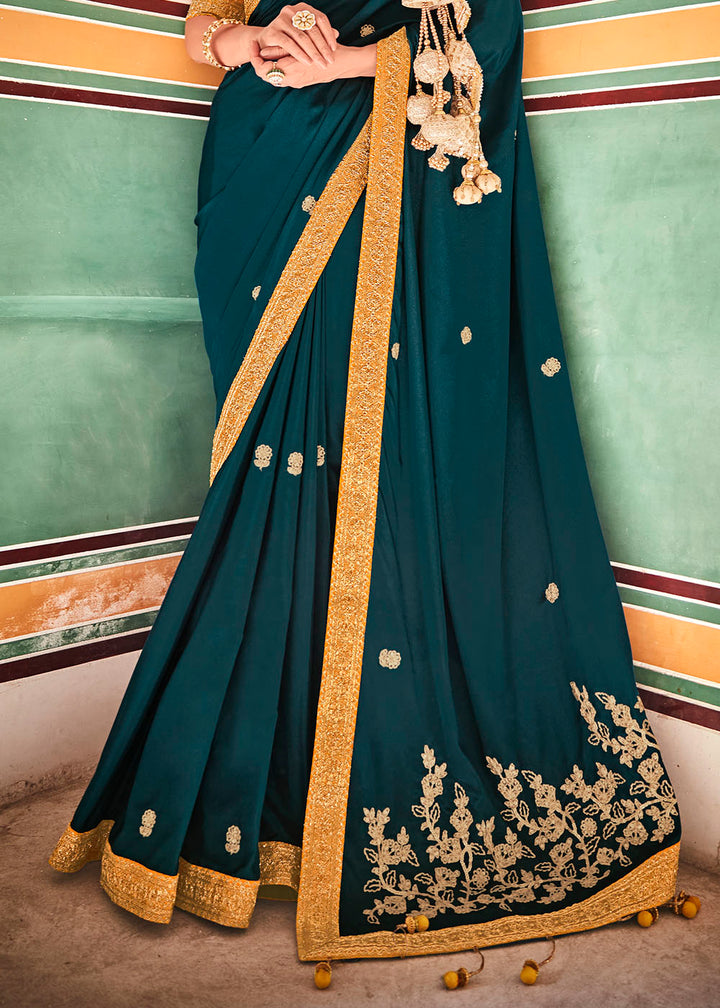 Rama Green Crepe Silk Saree with Sequins & Dori work