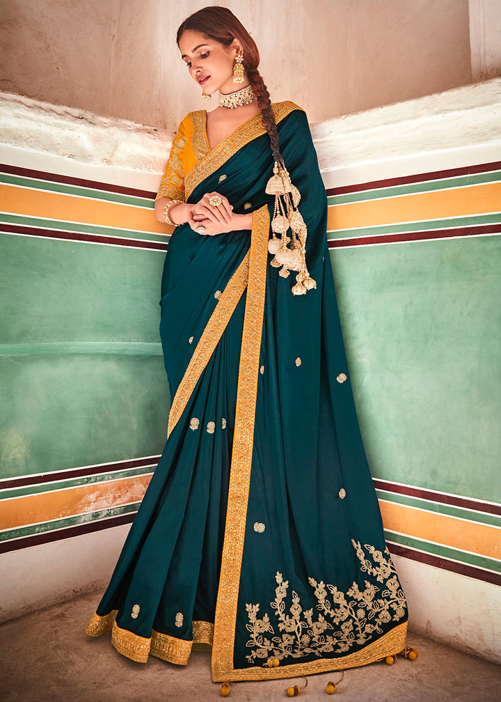 Rama Green Crepe Silk Saree with Sequins & Dori work