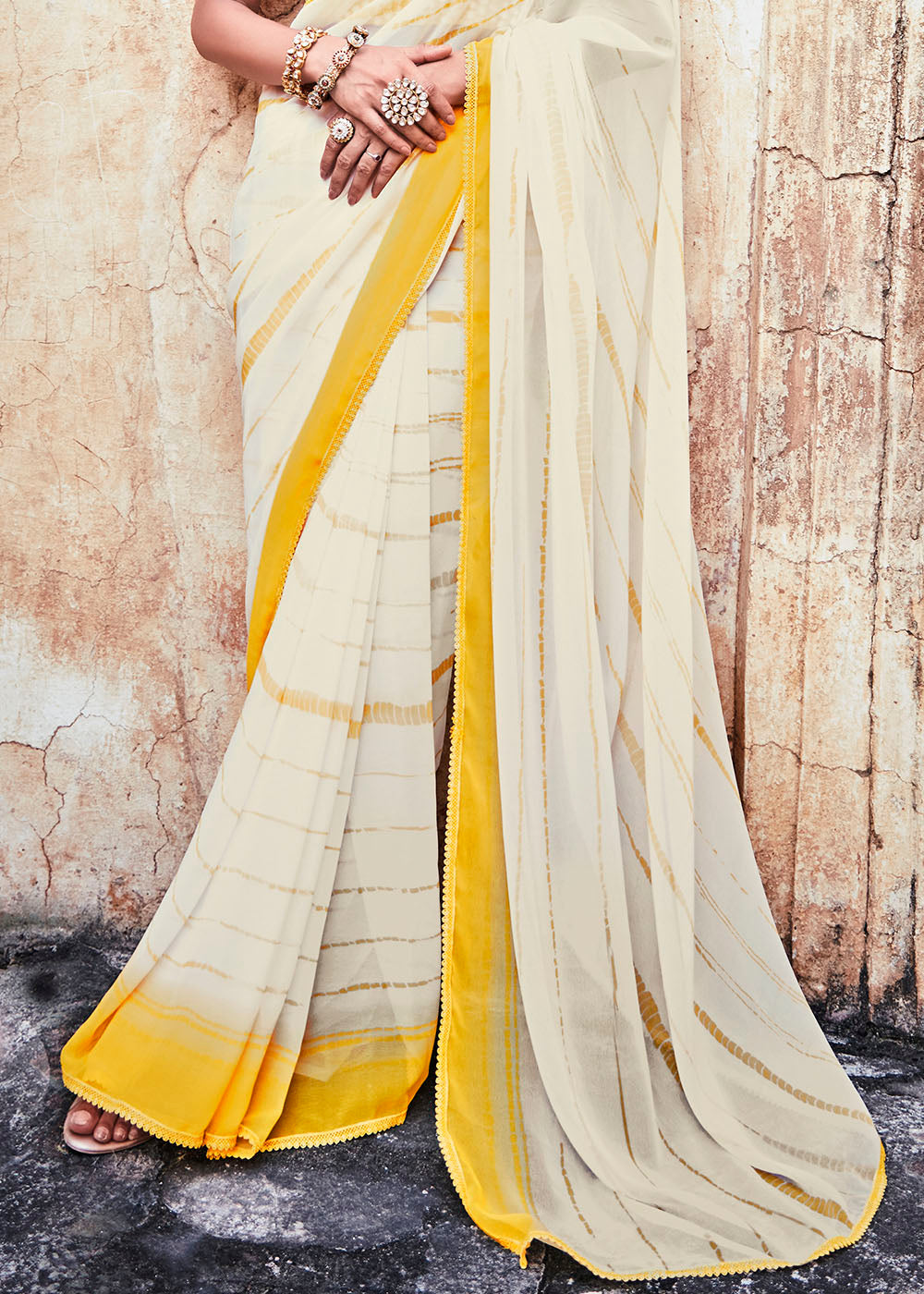 Pearl White Printed Georgette Saree with Gota & Thread work