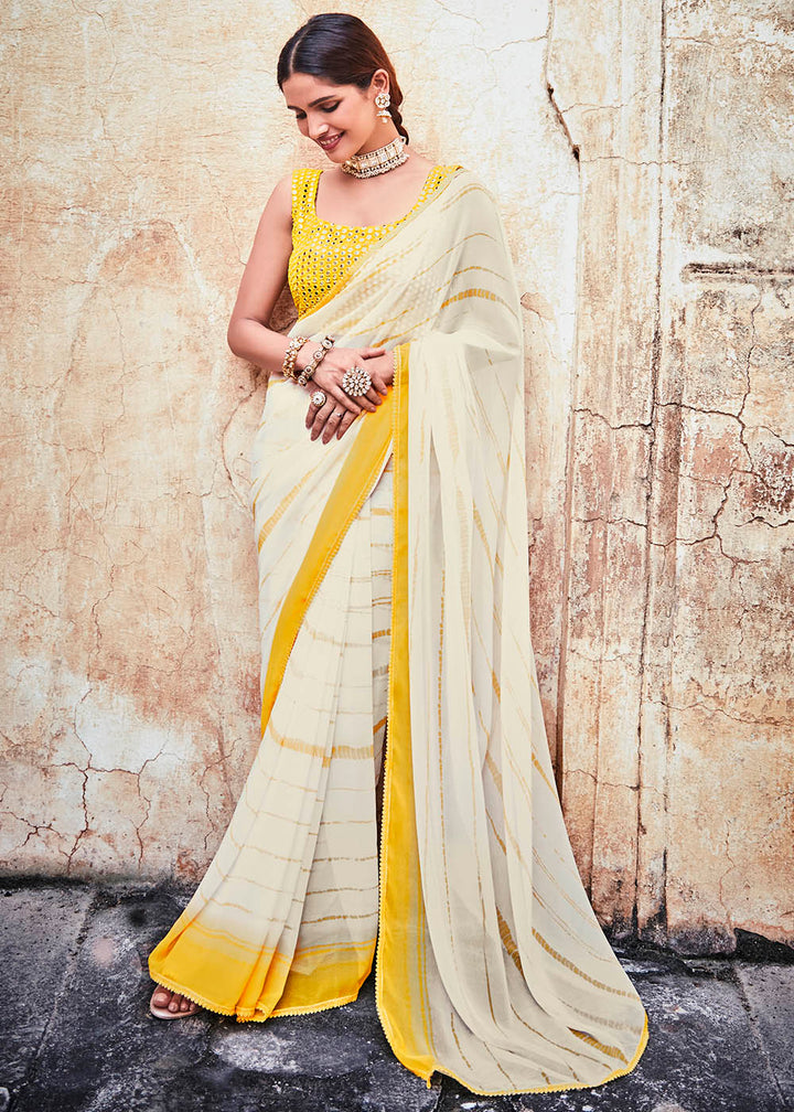 Pearl White Printed Georgette Saree with Gota & Thread work