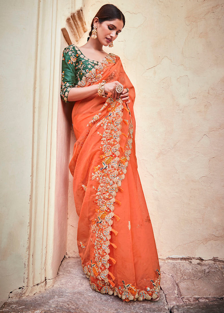 Blaze Orange Organza Saree with Thread,Mirror & Dori work