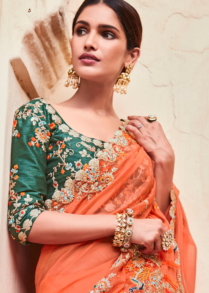 Blaze Orange Organza Saree with Thread,Mirror & Dori work