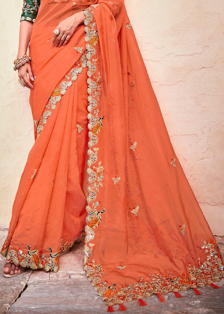 Blaze Orange Organza Saree with Thread,Mirror & Dori work