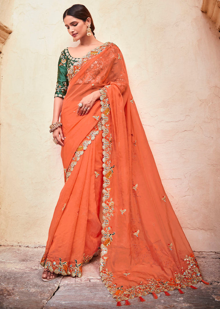 Blaze Orange Organza Saree with Thread,Mirror & Dori work