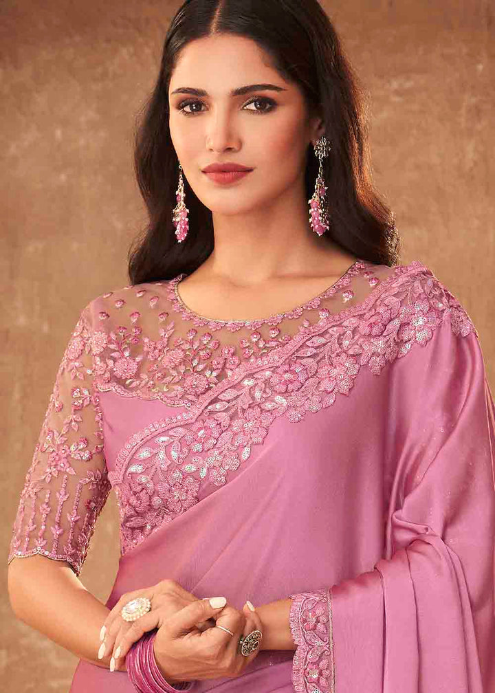 Ultra Pink Designer Embroidered Satin Silk Saree with Sequence work: Top Pick