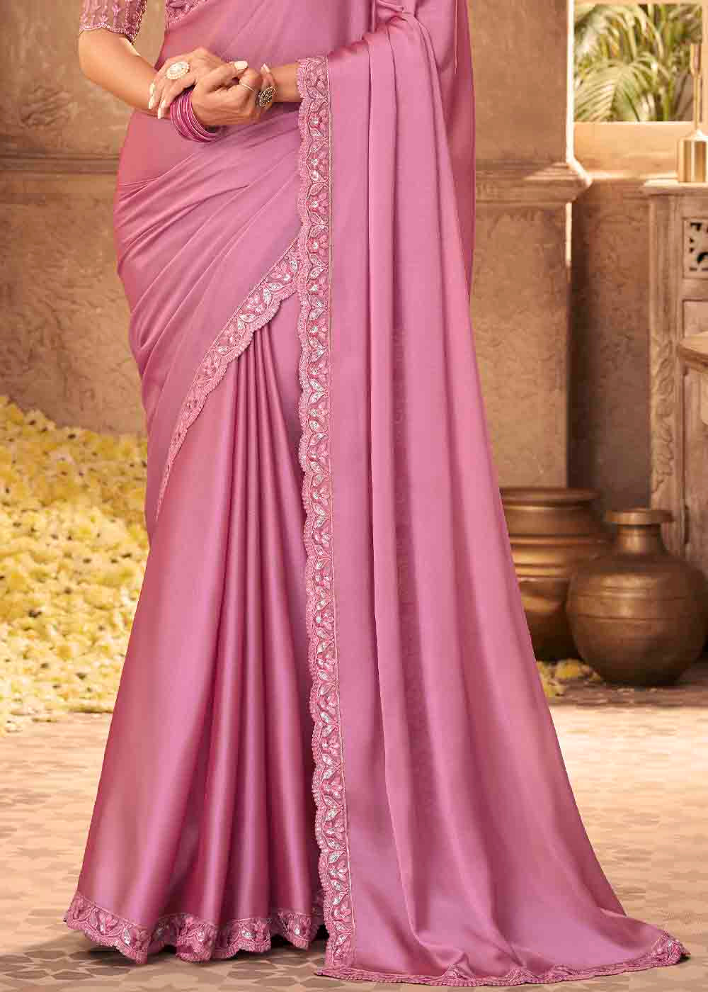 Ultra Pink Designer Embroidered Satin Silk Saree with Sequence work: Top Pick