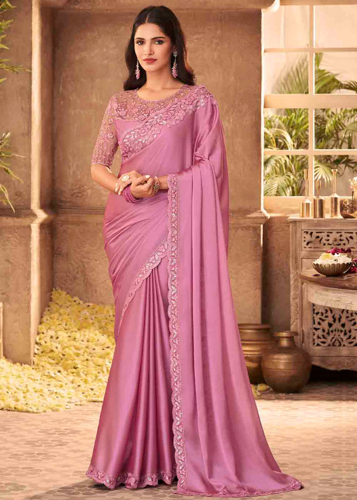 Ultra Pink Designer Embroidered Satin Silk Saree with Sequence work: Top Pick