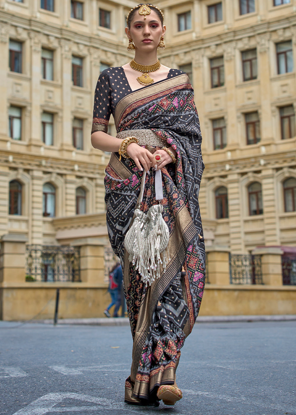 Charcoal Black Patola Printed Viscose Silk Saree