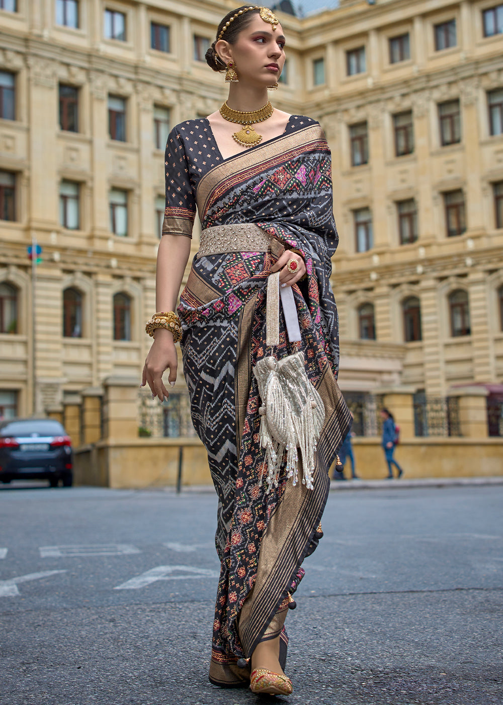 Charcoal Black Patola Printed Viscose Silk Saree