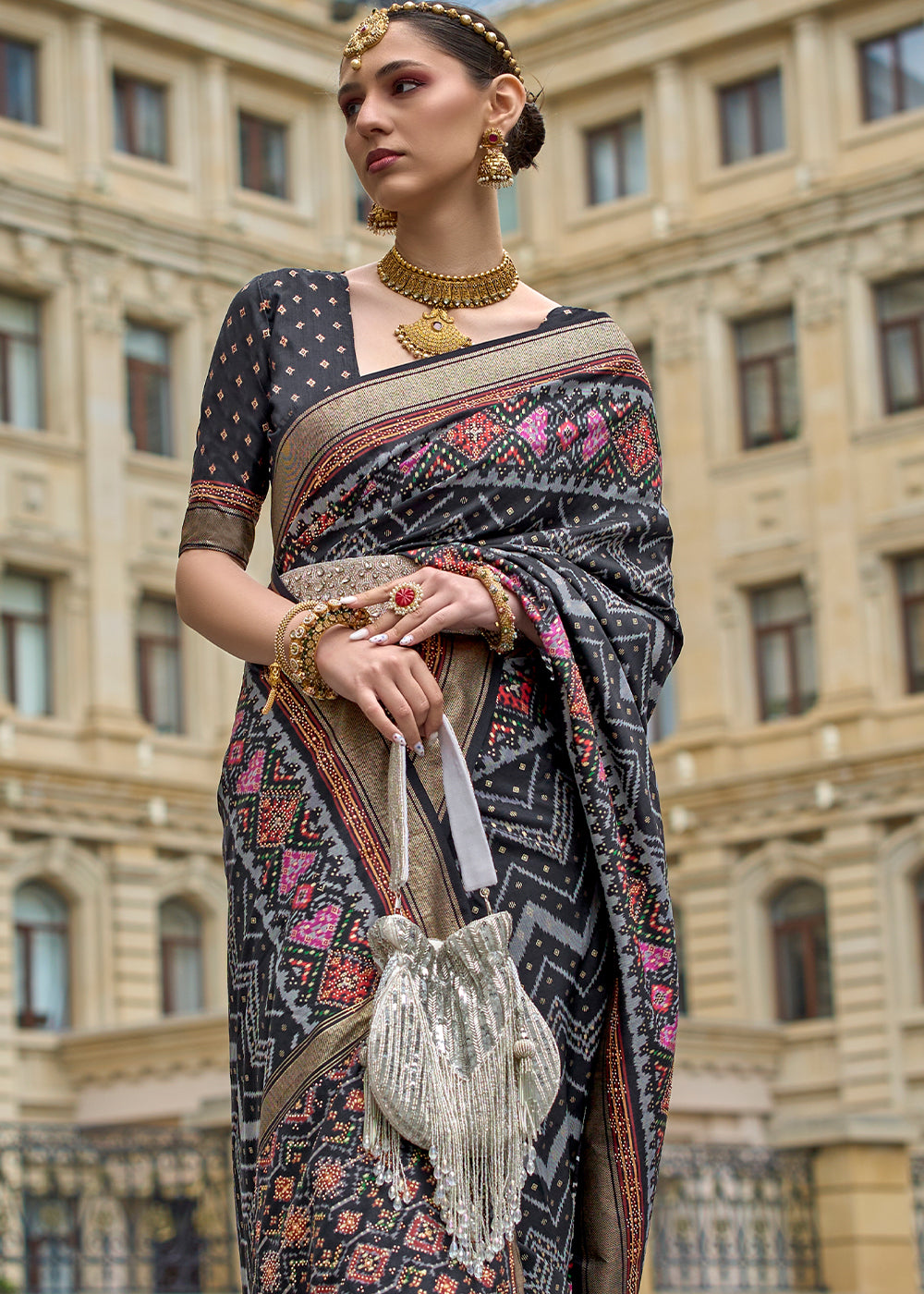 Charcoal Black Patola Printed Viscose Silk Saree