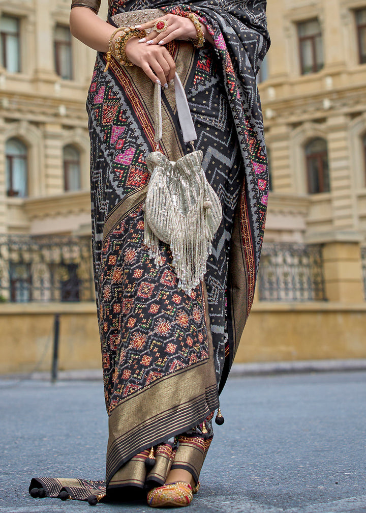 Charcoal Black Patola Printed Viscose Silk Saree