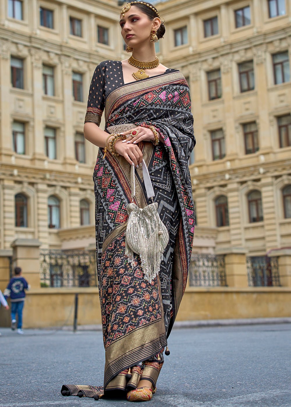 Charcoal Black Patola Printed Viscose Silk Saree