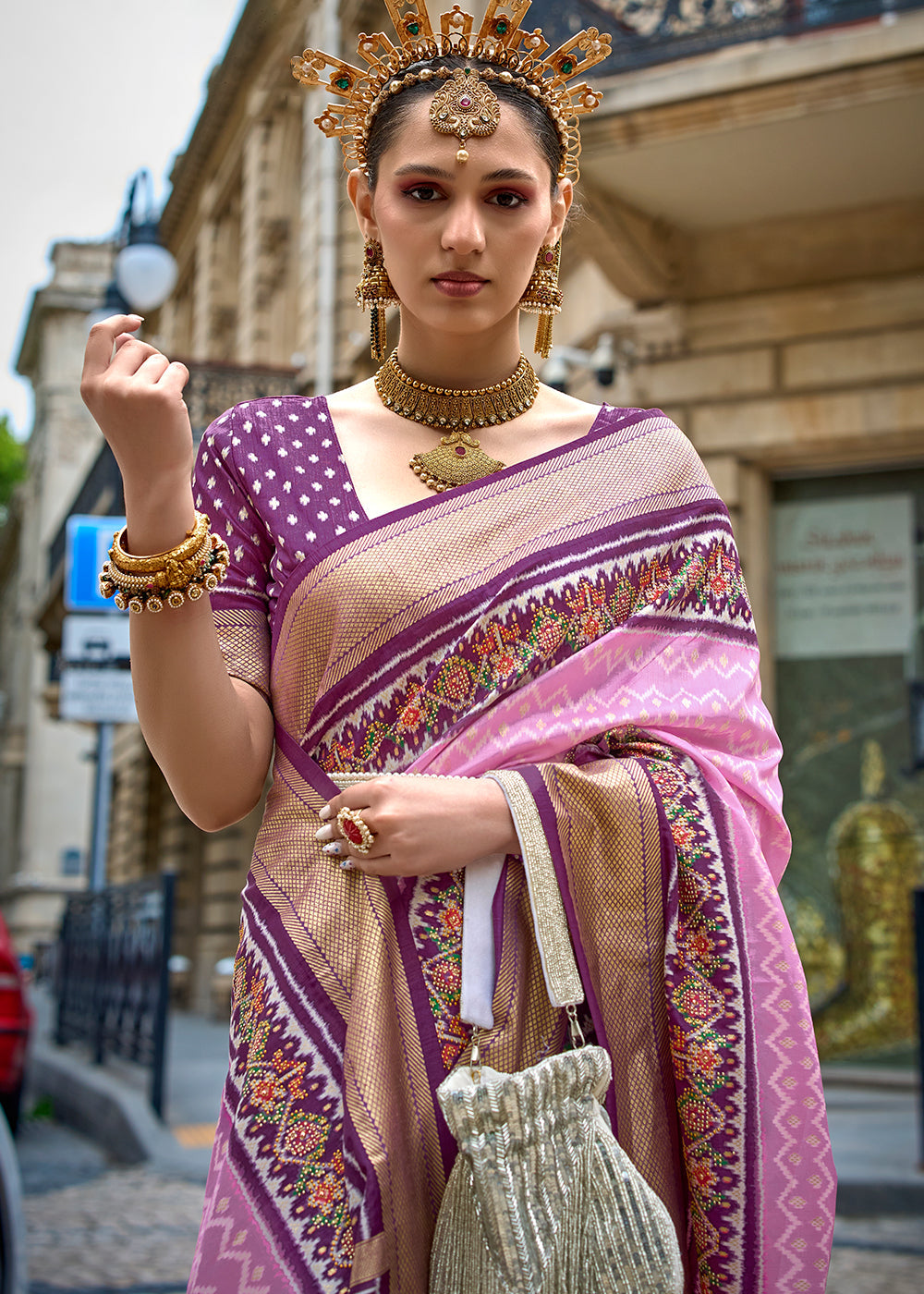 Pink & Purple Patola Printed Viscose Silk Saree