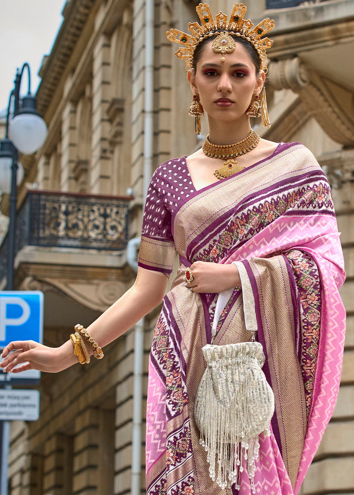 Pink & Purple Patola Printed Viscose Silk Saree