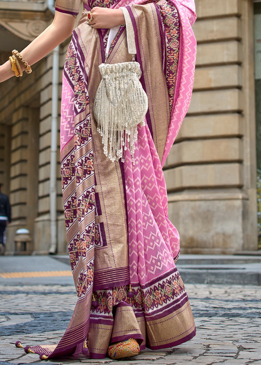 Pink & Purple Patola Printed Viscose Silk Saree