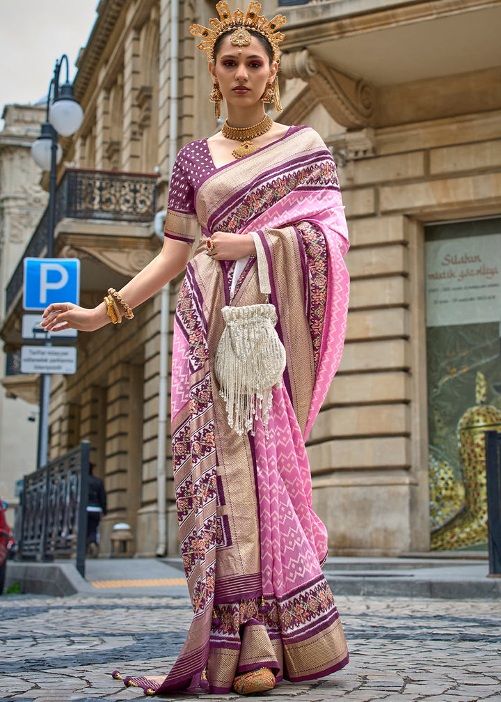 Pink & Purple Patola Printed Viscose Silk Saree