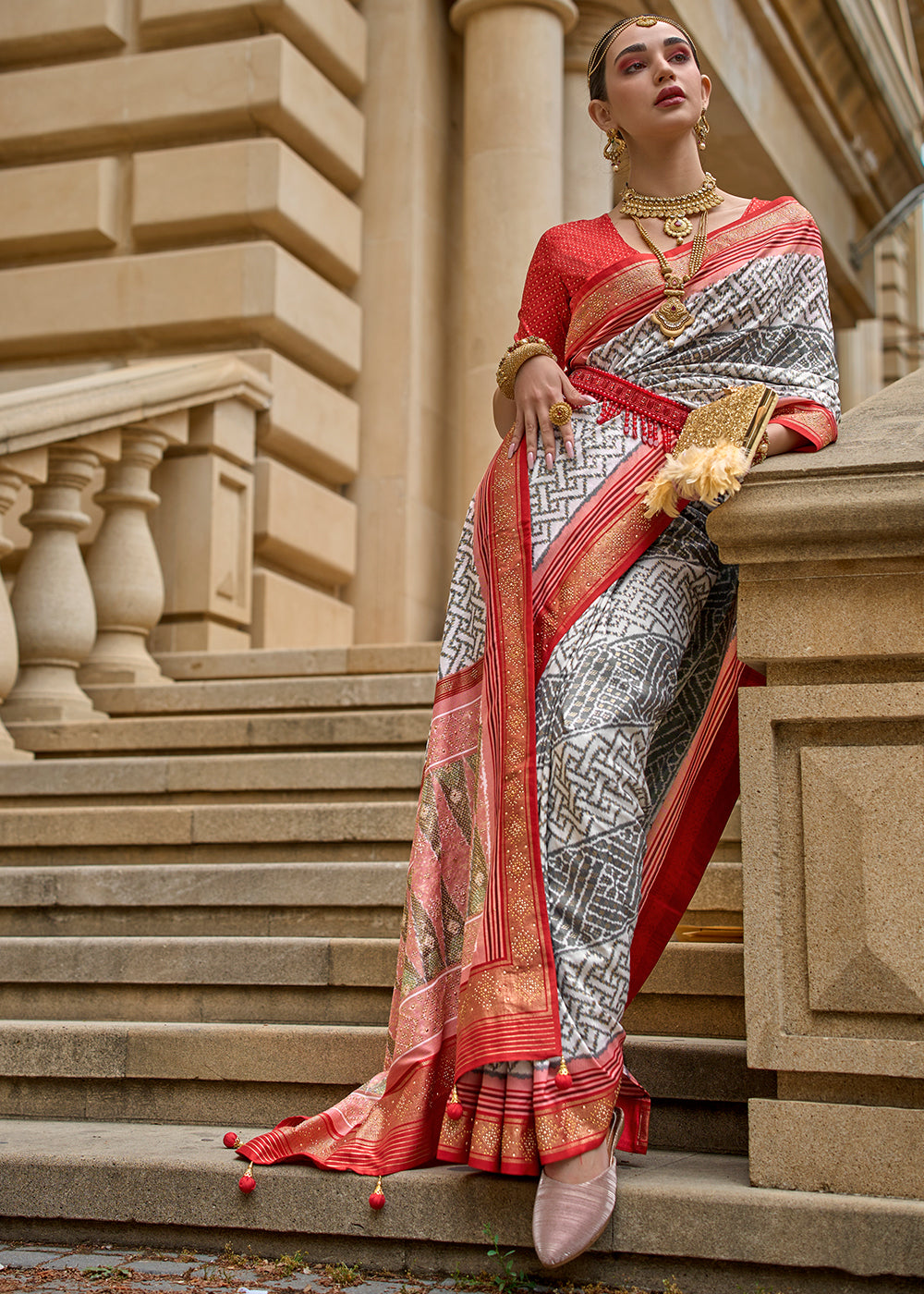 Grey & Red Patola Printed Viscose Silk Saree